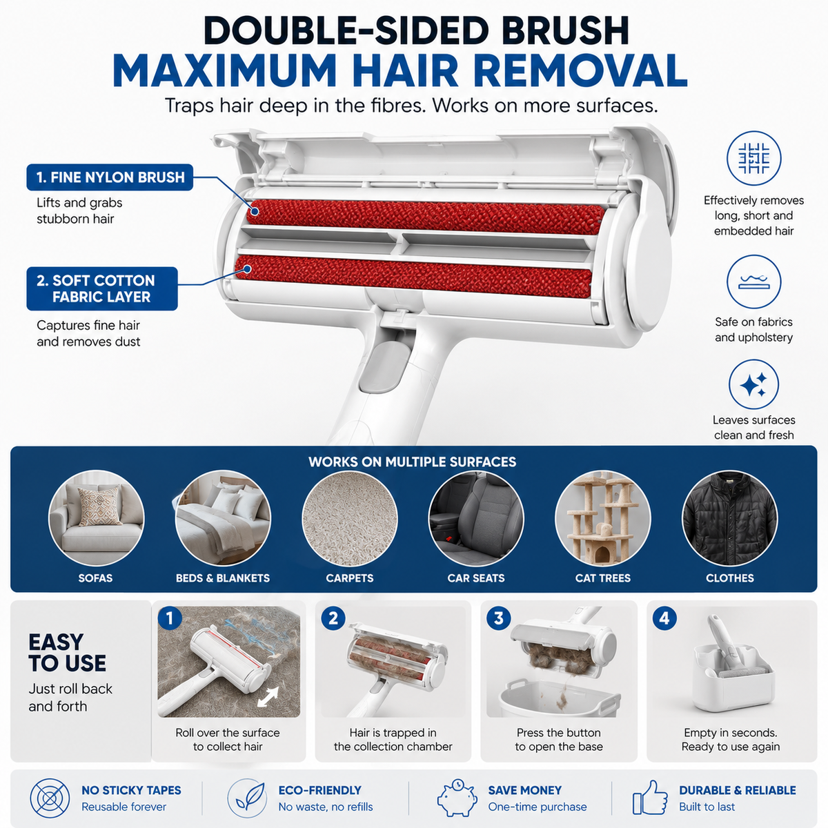 Pet Hair Remover Roller – Reusable Self-Cleaning Brush for Dog & Cat Fur
