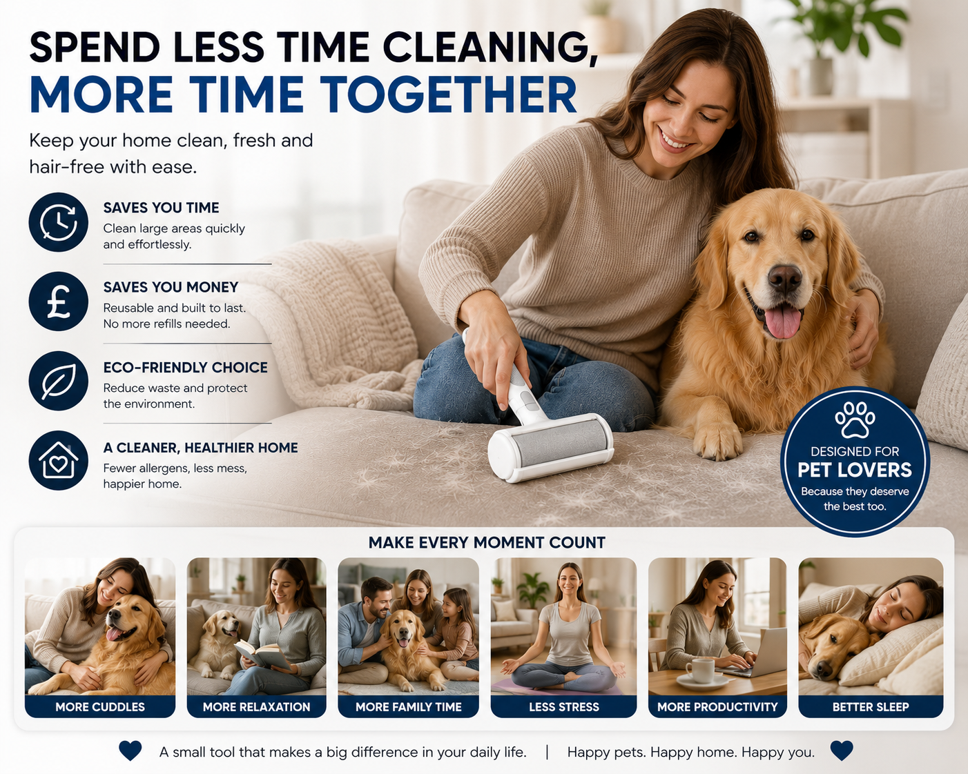 Pet Hair Remover Roller – Reusable Self-Cleaning Brush for Dog & Cat Fur